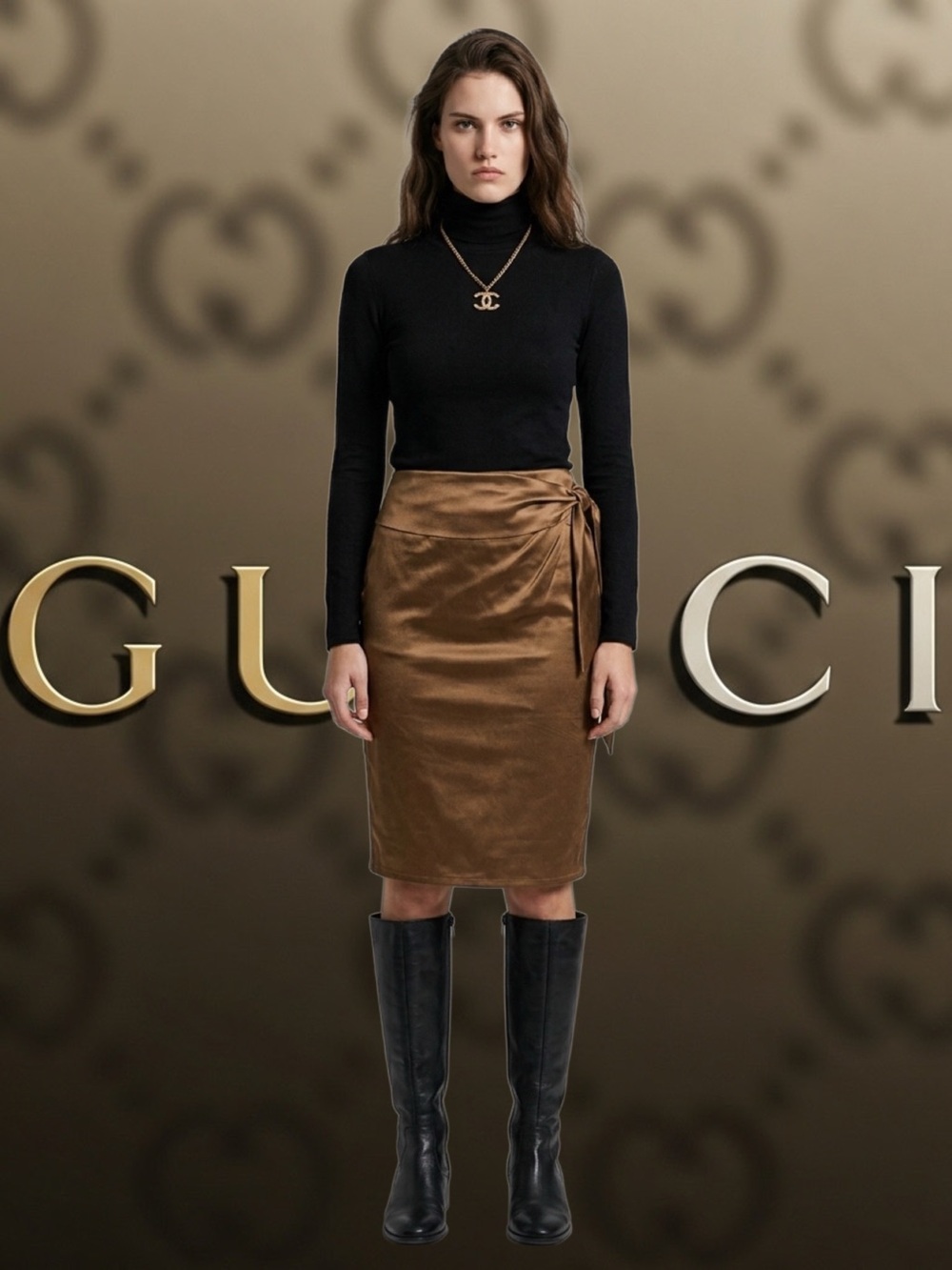 Gucci Brown Satin Wrap Pencil Skirt with Side Tie